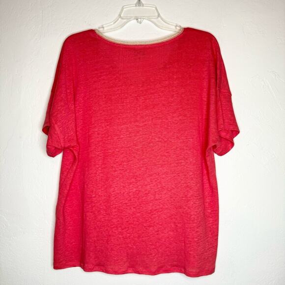 Chico's Linen Sweater Trim Pullover Relaxed Tee In Coral Pink Size 2 [US Large] - Picture 8 of 10